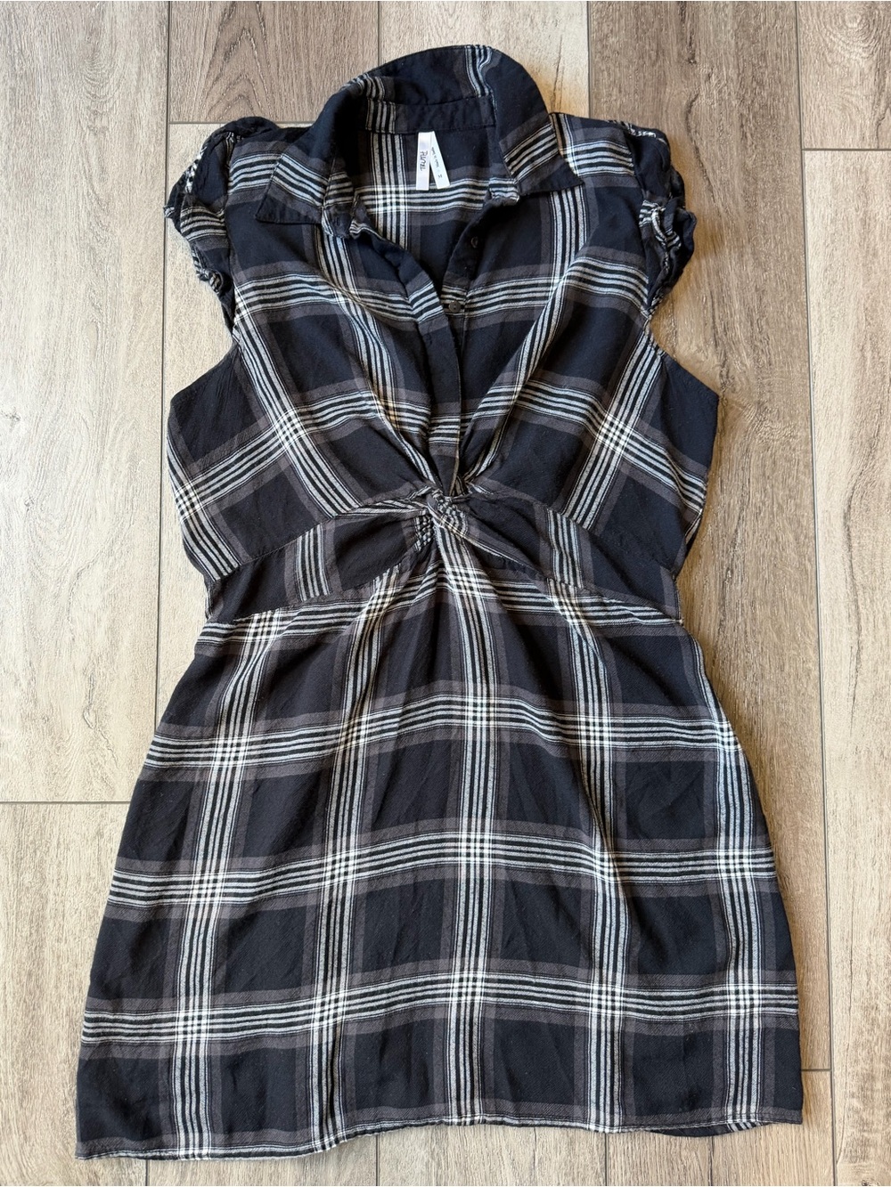 Truth Black & White 90s Grunge Plaid Twist-Front Mini Dress